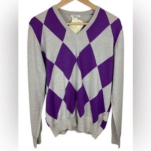Gran Sasso Men’s V-neck Virgin Wool Grey Purple Diamond Sweater Italy